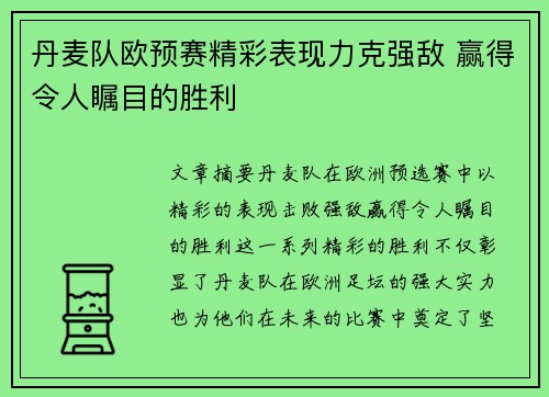 丹麦队欧预赛精彩表现力克强敌 赢得令人瞩目的胜利