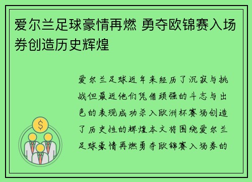 爱尔兰足球豪情再燃 勇夺欧锦赛入场券创造历史辉煌