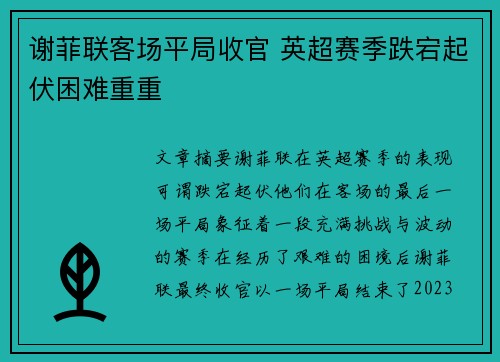 谢菲联客场平局收官 英超赛季跌宕起伏困难重重