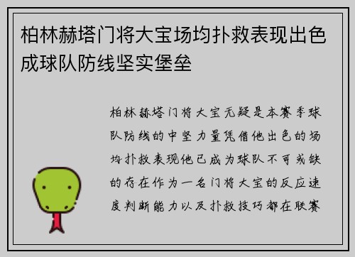 柏林赫塔门将大宝场均扑救表现出色成球队防线坚实堡垒