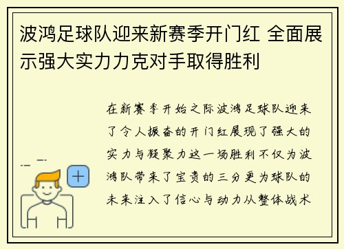 波鸿足球队迎来新赛季开门红 全面展示强大实力力克对手取得胜利